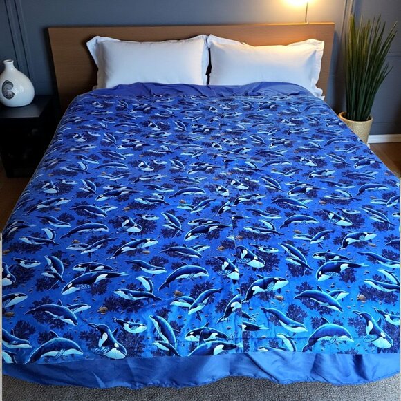 Handmade Full Size Reversible Comforter Blanket Orca Whale Dolphin Bedding Blue - Picture 2 of 10